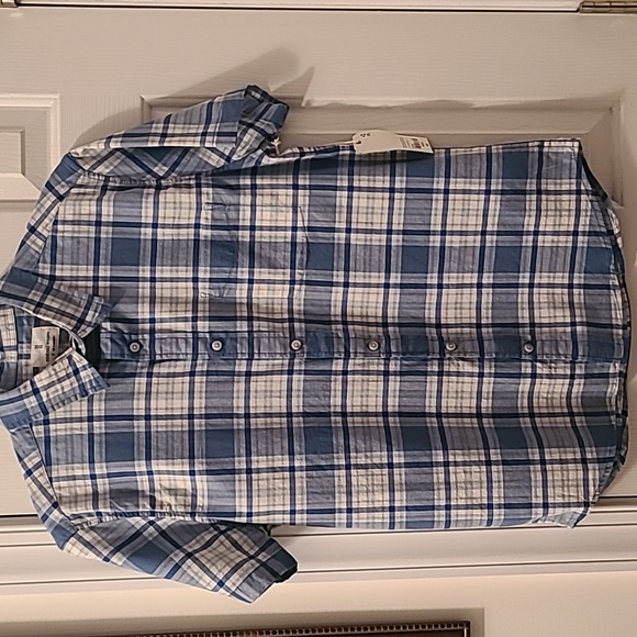 MUTUAL WEAVE MENS BLUE PLAID FRONT BUTTON SHORT SLEEVE SHIRT SIZE MEDIUM - Picture 1 of 9